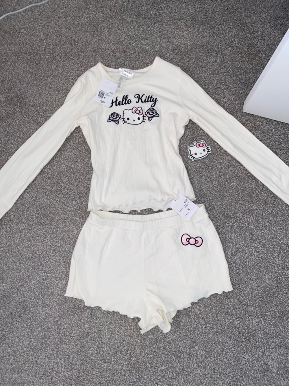 Forever 21 White Hello Kitty Embroidered Ribbed Top with Pink Accents